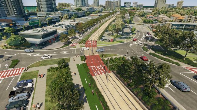 Artist impression of Gold Coast Light Rail Stage 4 between Tugun and Coolangatta, including Gold Coast Airport and the NSW border. Picture: Department of Transport and Main Roads.