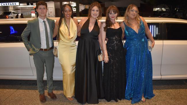 Indigo C, Primrose G, Eden H, Laila O and Alyssa S at the Siena Catholic College Yr 12 Benefit Ball (formal 2024).