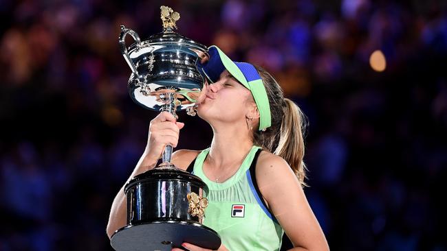 Sofia Kenin kisses the Daphne Akhurst Memorial Cup after the Australian Open women’s single finals. Picture: Getty Images.