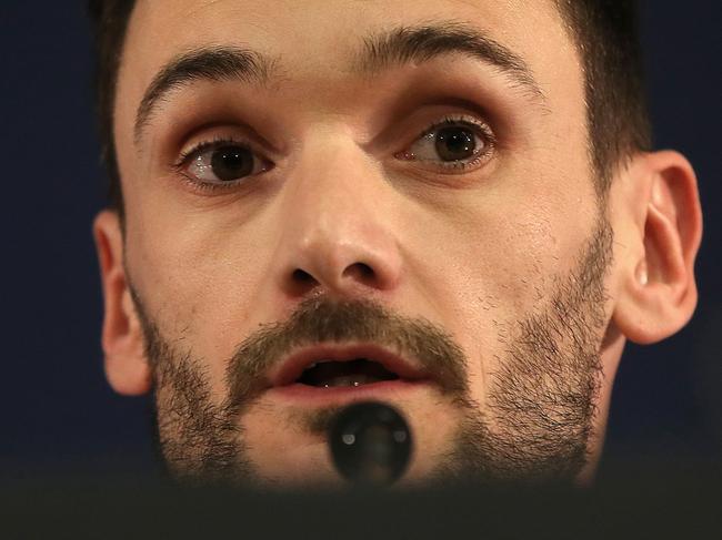 (FILES) In this file photo taken on November 21, 2016 Tottenham's French goalkeeper Hugo Lloris holds a press conference at the Louis II Stadium in Monaco on November 21, 2016 on the eve of the UEFA Champions League group E football match between AS Monaco and Tottenham Hotspur. - France's World Cup winning captain Hugo Lloris has been charged with drink-driving after the Tottenham keeper was stopped by police in the early hours of August 24, 2018. Lloris was pulled over by police in a routine stop at 0120 GMT in Gloucester Place, central London. The 31-year-old was reported to have failed a roadside breathalyser test and has been released on bail to appear at Westminster magistrates' court next month. (Photo by VALERY HACHE / AFP)