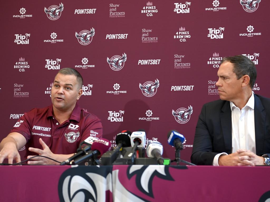 SYDNEY, AUSTRALIA – NOVEMBER 29, 2022: Newly appointed Manly Sea Eagle Coach Anthony Seibold and CEO Tony Mestrov. at Brookvale Oval. Picture: Jeremy Piper