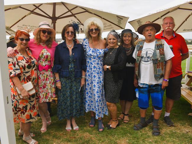 Judy Collins, Liz Saunders, Leanne Nicholas, Kris Atherton, Diana Vabec, Loreta Tarquinio, Cuffey and Brian Holst at the Alex Scott &amp; Staff Woolamai Cup on Saturday, February 8, 2025. Picture: Jack Colantuono