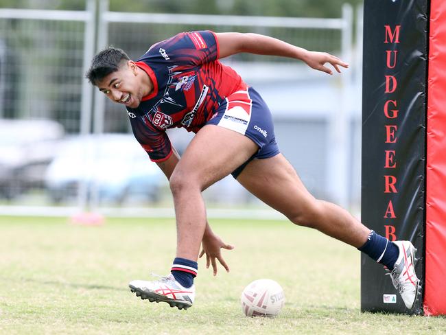 Mudgeeraba Redbacks v Runaway Bay Seagulls. Under-18 Division 1. K-Ci Newton-Whare scoring a try. 9 May 2021 Mudgeeraba Picture by Richard Gosling