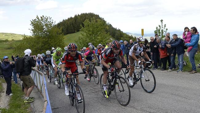 Cadel Evans, centre, during the eighth stage of the Giro d’Italia, from Foligno to Montecopiolo. Picture: AP