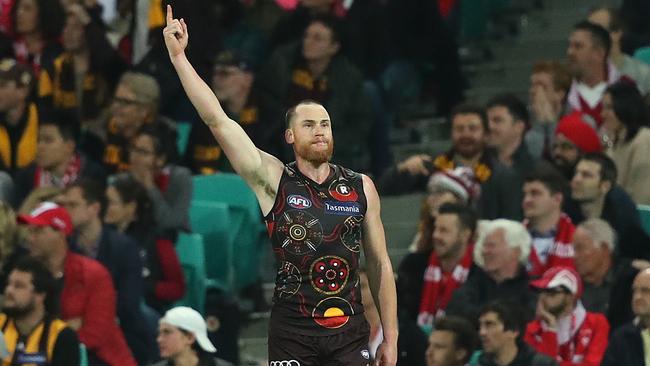 Hawthorn captain Jarryd Roughead celebrates kicking the winning goal. Picture: Phil Hillyard