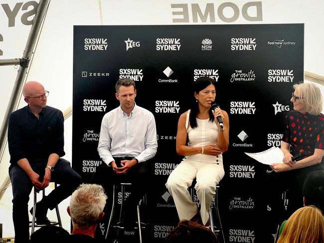 The Australian's technology editor Jared Lynch with Startmate CEO Michael Batko, Rich Data Co founder Ada Guan and Helen Trinca, the editor of The Australian's The Deal at the Ideas Dome at South by Southwest (SXSW) in Sydney. Picture - Supplied,