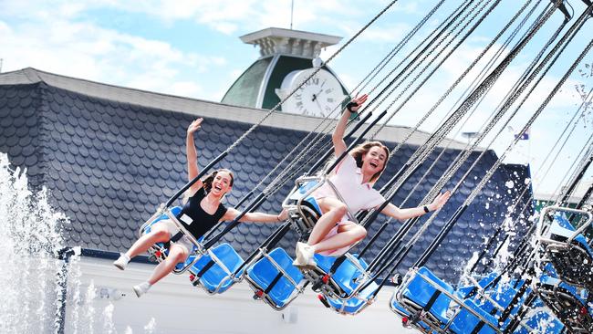 Gold Coast Bulltein journalists Tahlia Leathart and Tayla Coucaud take a first look and ride of Dreamworld’s new Dreamworld Flyer. Picture Glenn Hampson