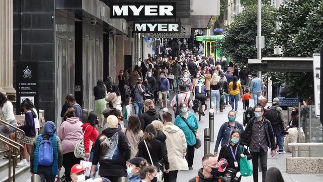 Crowds are back in Melbourne with shoppers returning to Bourke St Mall. Picture: Alex Coppel.