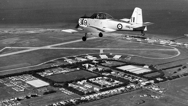 A Winjeel plane over Point Cook RAAF base in 1966.