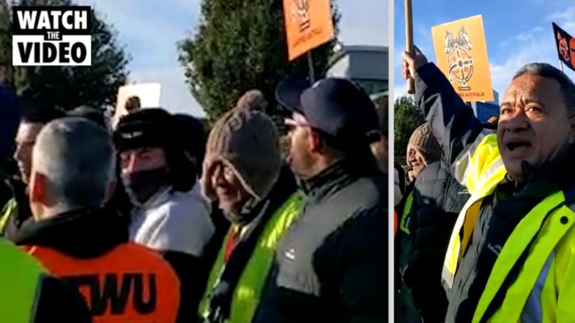 Striking bus drivers picket the Dyson bus depot in Bundoora