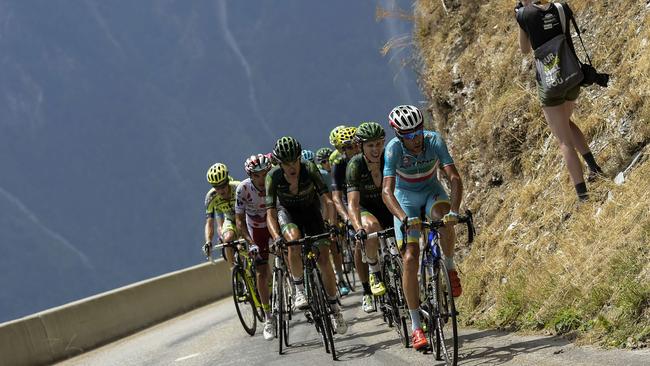 Italy's Vincenzo Nibali, France's Cyril Gautier, France's Romain Sicard, and Spain's Joaquim Rodriguez, wearing the best climber's polka dot jersey, ride during the 138km nineteenth stage.