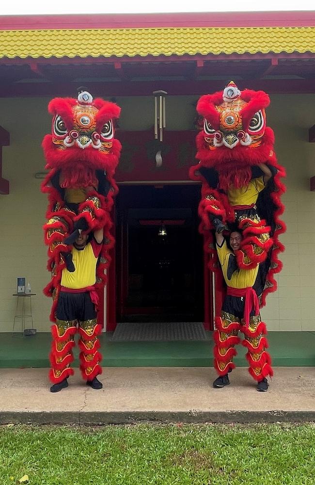 Chung Wah Society is getting ready for multiple performances of their lion dance over Chinese New Year celebrations. Pictured are Stephen Pearson (head) and Patrick Chin (tail) and right lion: Aaron Chin (head) and Brandon Ting (tail).