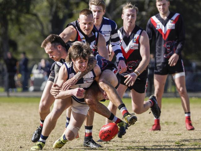 MPNFL: Pearcedale’s Archie McGuiness is set upon. Picture: Valeriu Campan