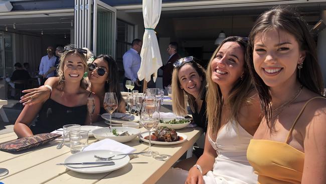 (Left to right) Paris Lowe, Collaroy, Tiffany Udana, Dee Why, Lauren Rizzo, Avalon, Tash Corr, Dee Why and Paris Wilson, Manly at the Manly Wharf Bar for the 2022 Melbourne Cup event. Picture: Jim O'Rourke