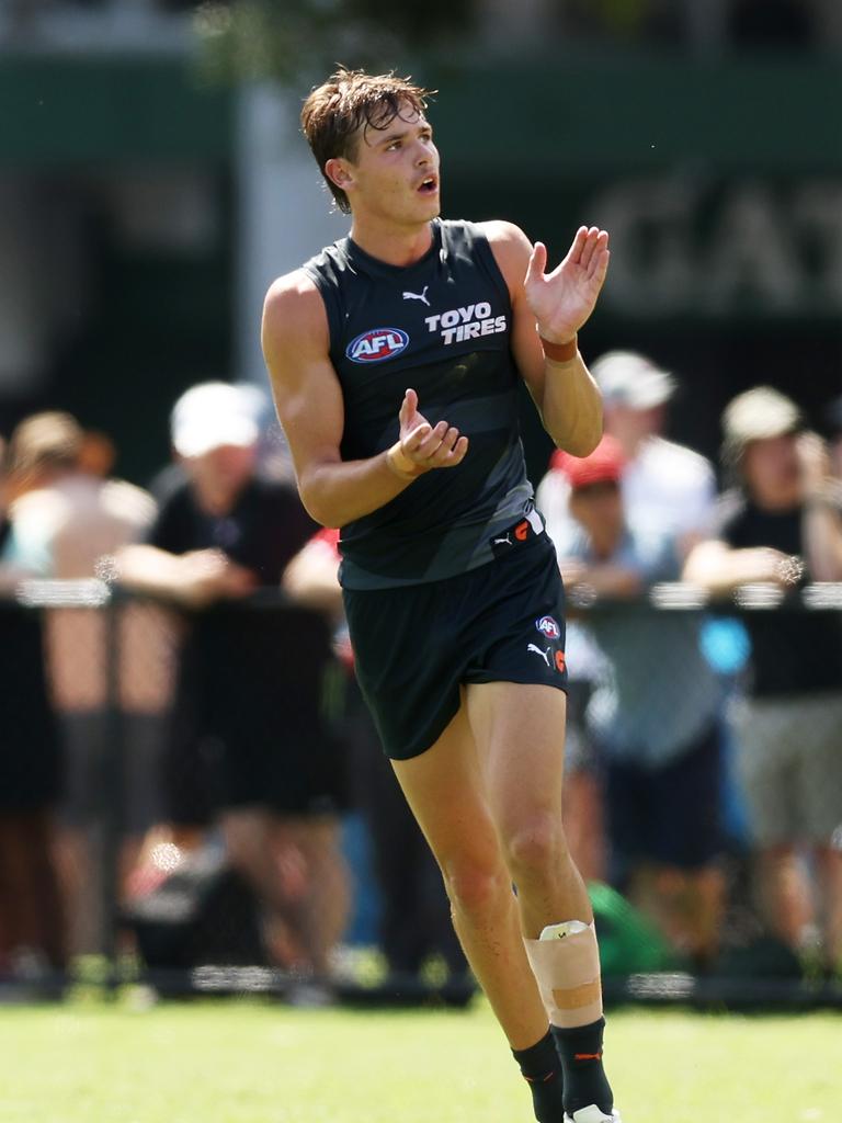 Aaron Cadman was trialed in the ruck as a back-up option for Kieren Briggs in the Giants’ practice match against Sydney. Picture: Matt King/Getty Images.