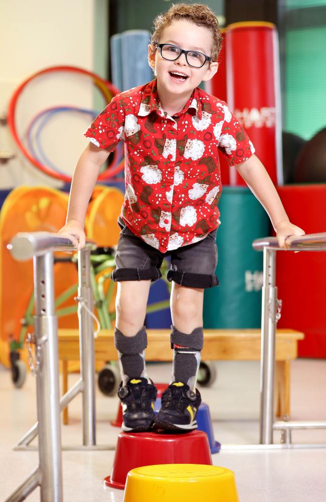 Jordan King, 6, is one of the first in the state to undergo a less invasive procedure to release spasticity in his leg muscles. Picture: Steve Pohlner