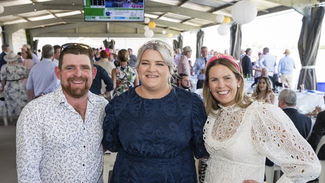 At Warwick Cup race day are (from left) Tim Sutton, Bec Sutton and Mel Fitzpatrick at Allman Park Racecourse, Saturday, October 14, 2023. Picture: Kevin Farmer