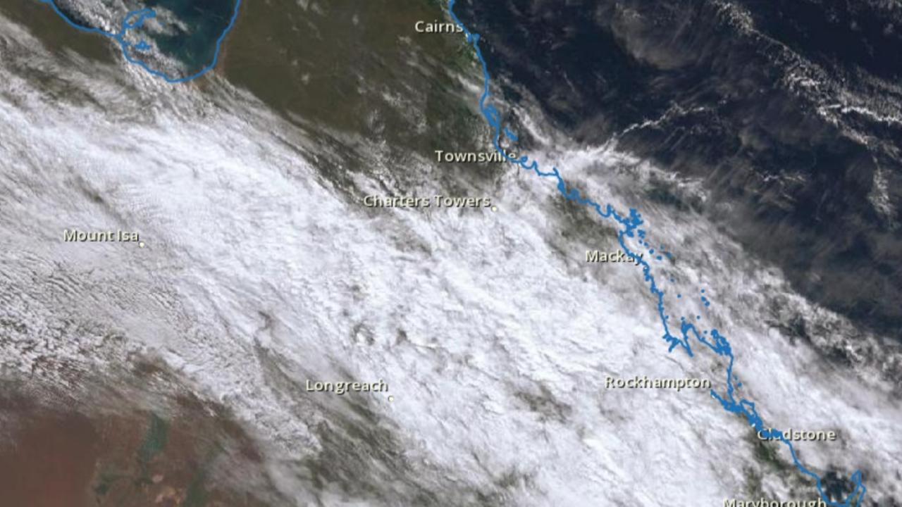 Satellite image of the cloud band delivering rain across Queensland on Thursday. Picture: BOM.