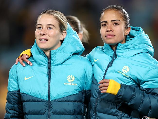 SYDNEY, AUSTRALIA - JUNE 03: Courtney Nevin and Mary Fowler of Australia look on after the international friendly match between Australia Matildas and China PR at Accor Stadium on June 03, 2024 in Sydney, Australia. (Photo by Cameron Spencer/Getty Images)