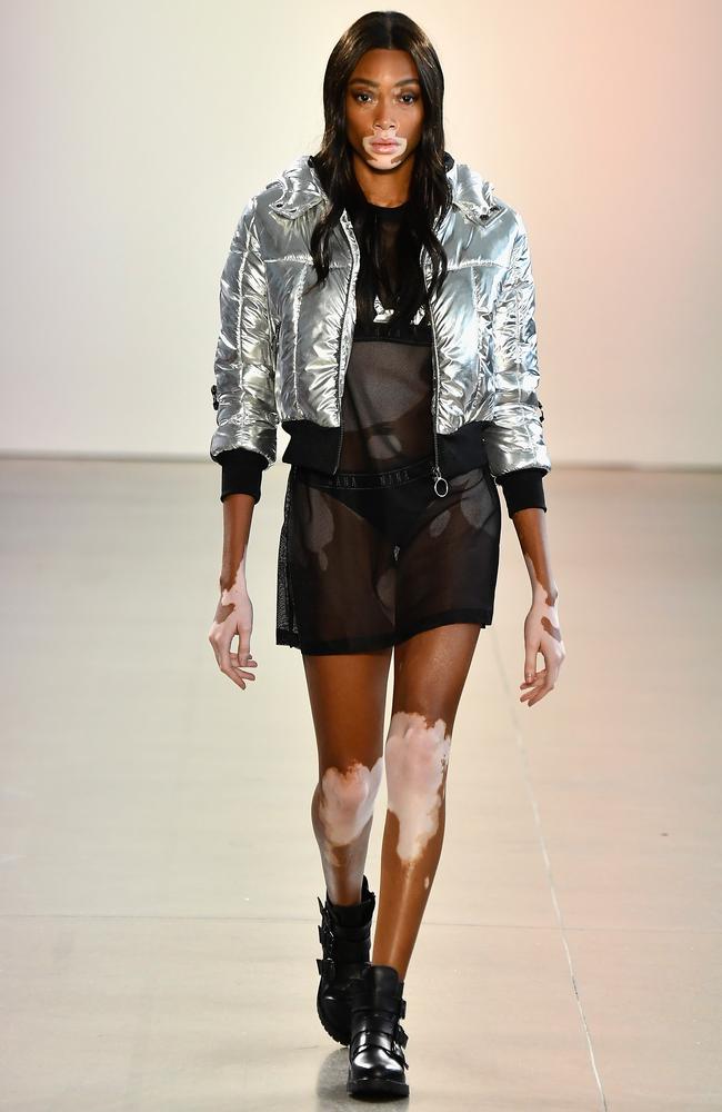 She showed off a Nana Judy metallic bomber jacket worn over a sheer dress. Picture: Getty Images for NYFW