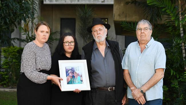 The family members of double fatal victims Judy Reardon and Barbara Scott. From left Judy’s daughters Hollie Roveglia and Penny Reardon with their father Terry Reardon. Also with them is Barb’s partner Gavin Vercoe (far right). Picture: Shae Beplate.