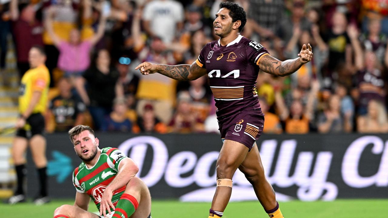 Albert Kelly celebrates scoring the Broncos’ opening try against South Sydney. Picture: Bradley Kanaris/Getty Images