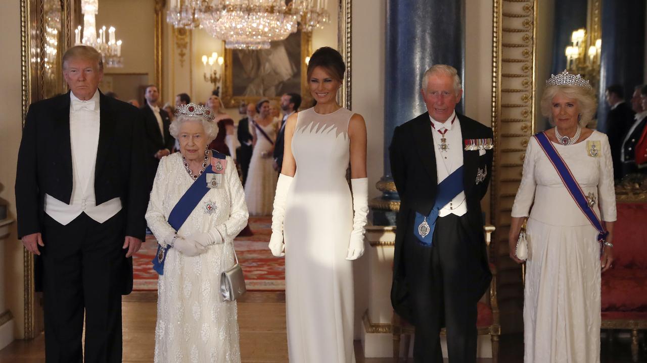 President Donald Trump, Queen Elizabeth II, First Lady Melania Trump, Prince Charles and Camilla, the Duchess of Cornwall pose for the media ahead of the State Banquet at Buckingham Palace.