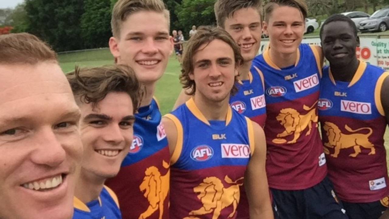 Justin Leppitsch with young Lions Ben Keays, Sam Skinner, Rhys Mathieson, Josh Schache, Eric Hipwood and Reuben William.