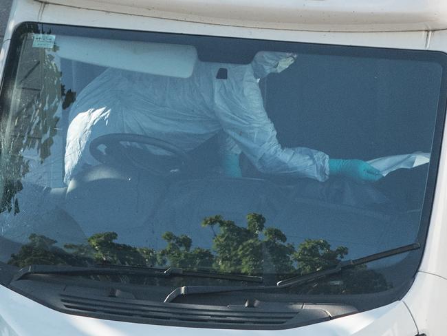 Forensic officers swab the van which was reportedly rented from Wales. Picture: Carl Court/Getty Images.