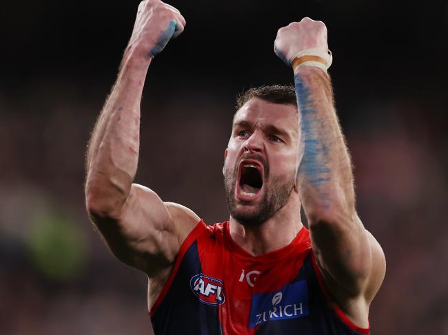 MELBOURNE, AUSTRALIA - August 18, 2023. AFL .   Joel Smith of the Demons celebrates a 3rd quarter goal during the semi final match between Melbourne and Carlton at the MCG in Melbourne, Australia.  Photo by Michael Klein.
