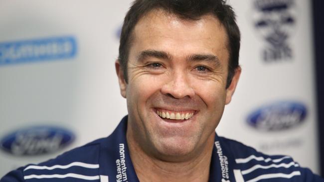 Cats coach Chris Scott was all smiles on Thursday. Picture: Glenn Ferguson