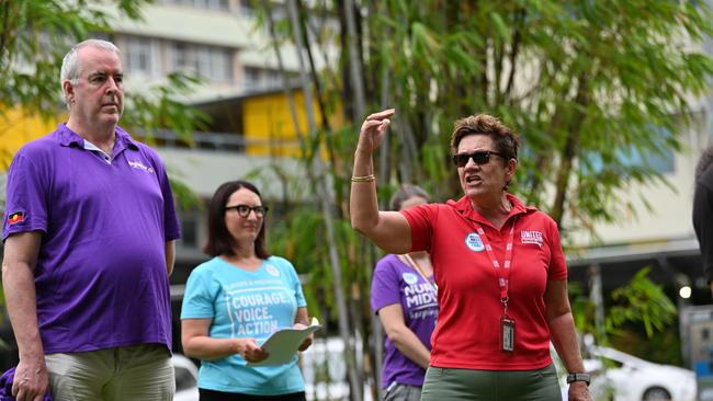 Trish Berrill addresses a rally gathered outside the Cairns Hospital. Picture: Emily Barker