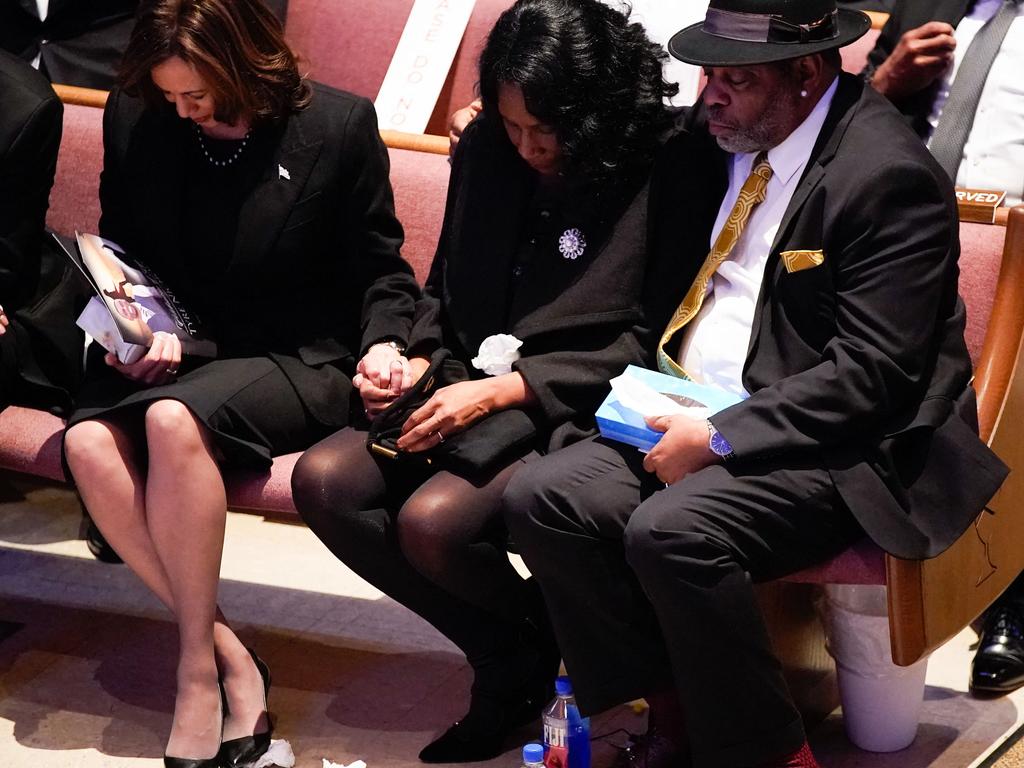 US Vice President Kamala Harris holds the hand of RowVaughn Wells as she is held by her husband Rodney Wells during the funeral service for her son Tyre Nichols. Picture: AFP