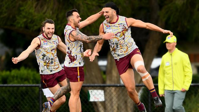 Steve Tolongs of Murrumbeena celebrates a goal. (Photo by Josh Chadwick)