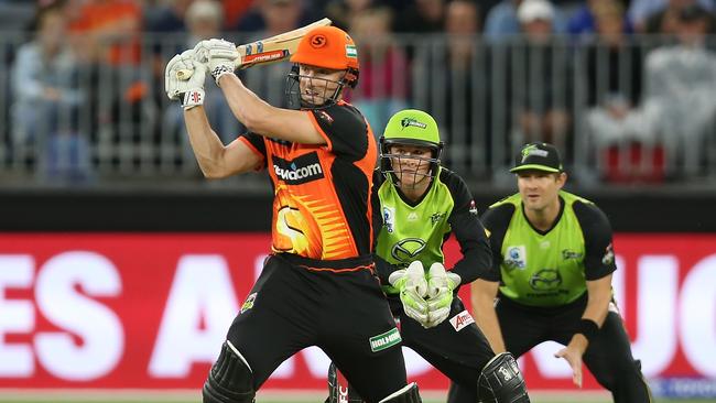 Shaun Marsh smashed his way to 96 not out after he was dropped in the first over. Picture: Getty Images