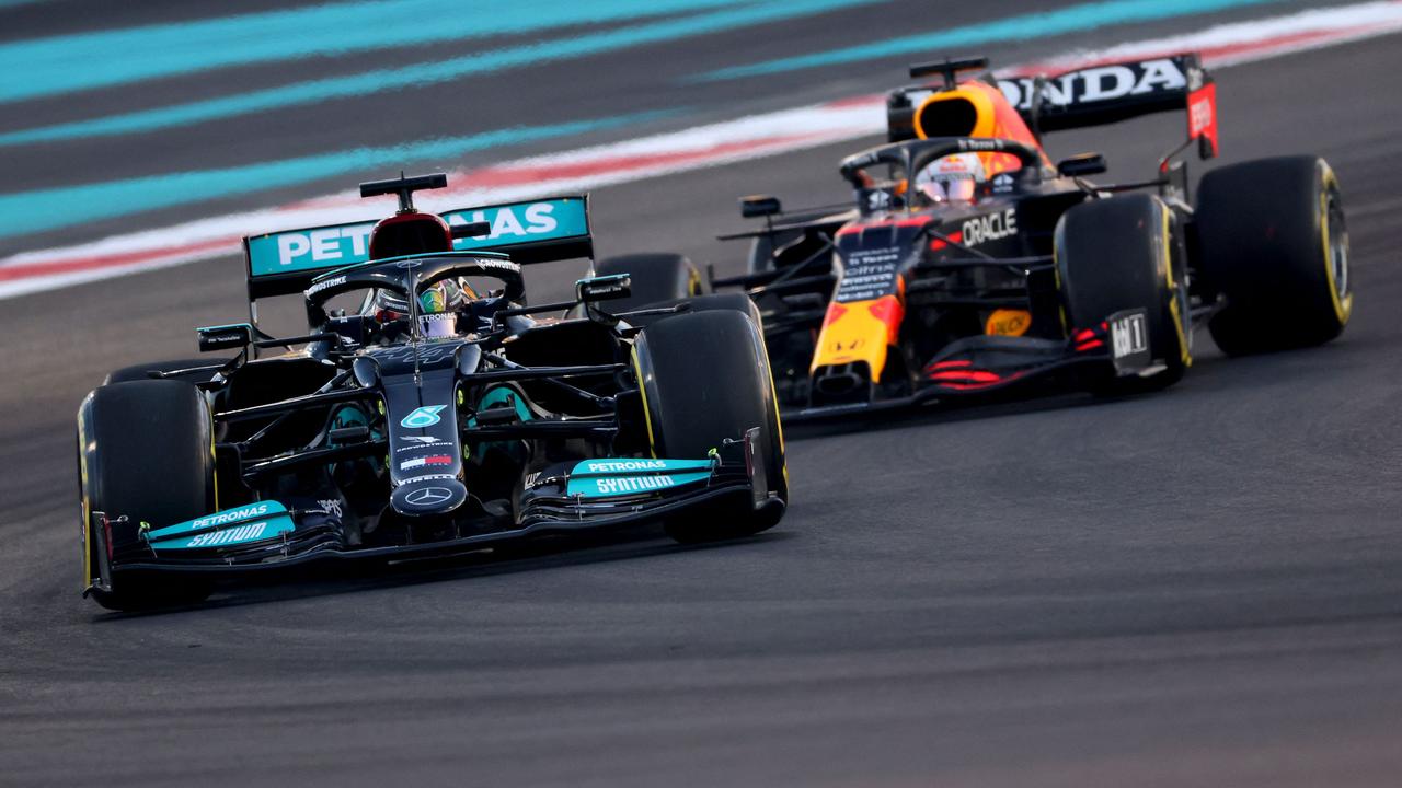 Mercedes' British driver Lewis Hamilton, left, drives ahead of Red Bull’s Dutch driver Max Verstappen. Picture: AFP