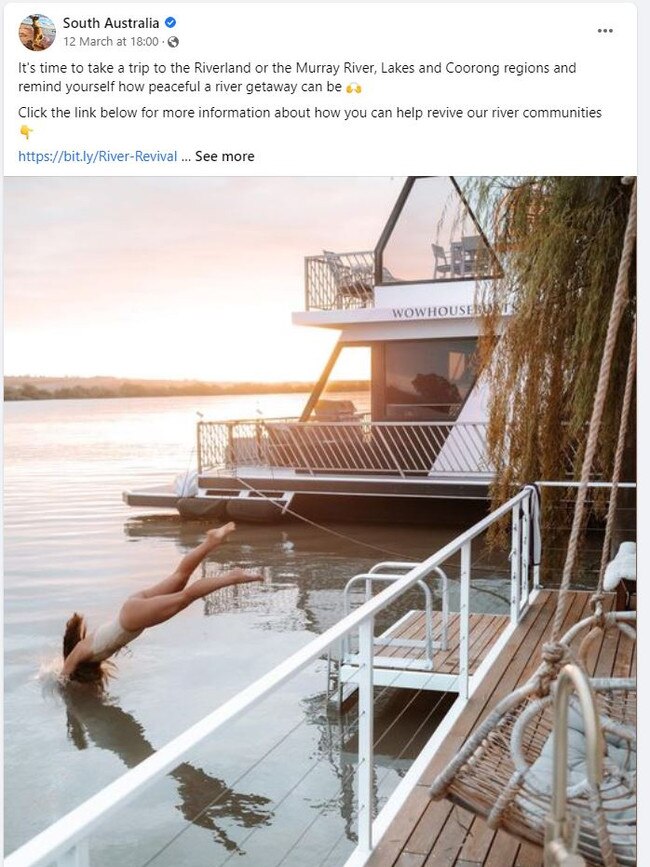 A screenshot from the South Australia Facebook page showing a woman diving headfirst into the Murray