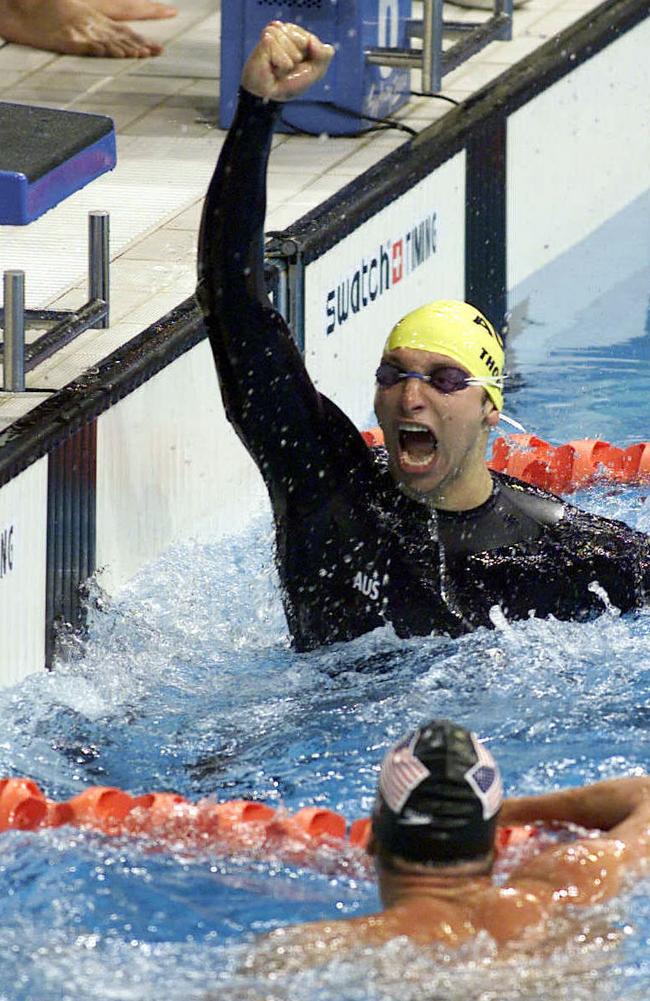 2000: American swimmer Gary Hall Jr said his team would smash their Australian 4x100m freestyle rivals like guitars. But Ian Thorpe had other ideas, bringing the Aussies home to a gold medal, a world record and a famous celebration with Michael Klim, Chris Fydler and Ashley Callus. Picture: Craig Borrow