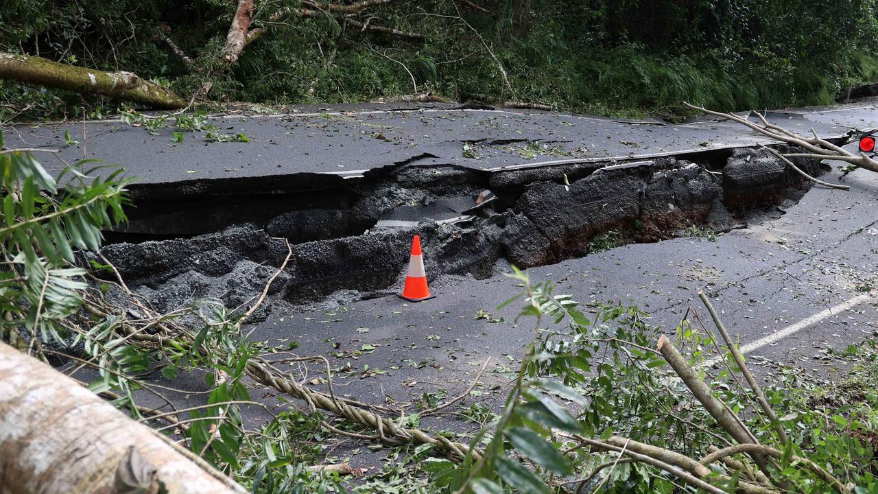 Federal MP for Kennedy Bob Katter with the Owner of major transport company Blenners Transport, Les Blennerhassett, as they inspect the damage to the Palmerston Highway earlier this week. Picture: Office of Bob Katter