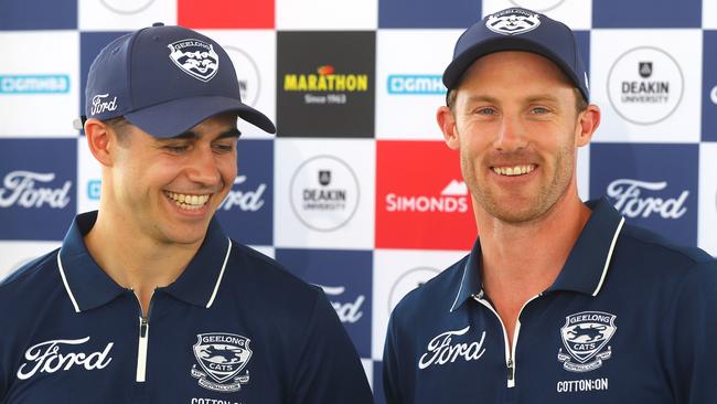 Cats Oisin Mullin and Jed Bews speaking at a press conference at Moriac Primary School as part of Geelong's community camp. Picture: Alison Wynd