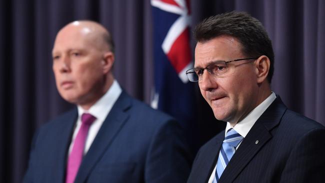 Minister for Home Affairs Peter Dutton and newly appointed Australian Federal Police AFP Commissioner Reece Kershaw at a press conference at Parliament House in Canberra in July. Picture: AAP