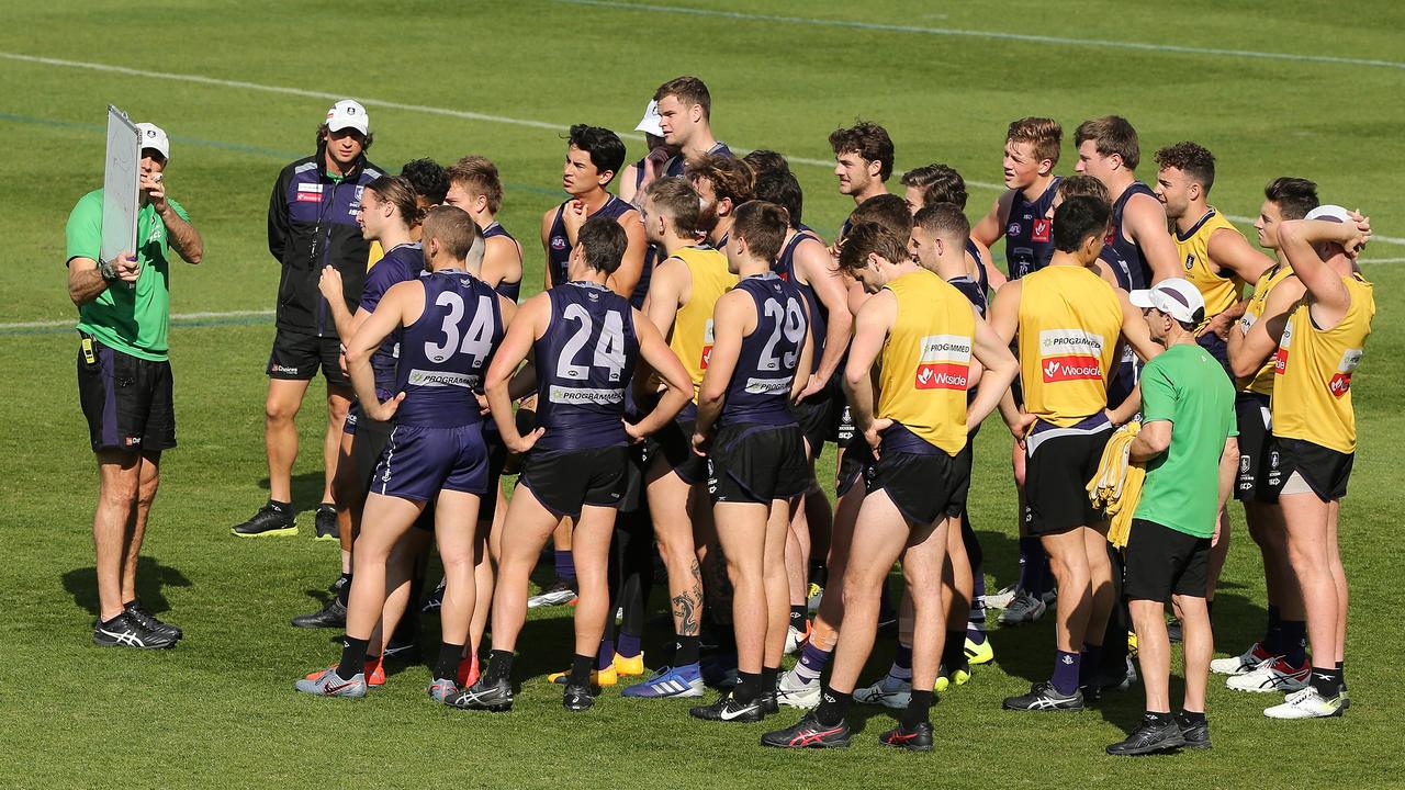 Dockers players huddle at training on Wednesday.