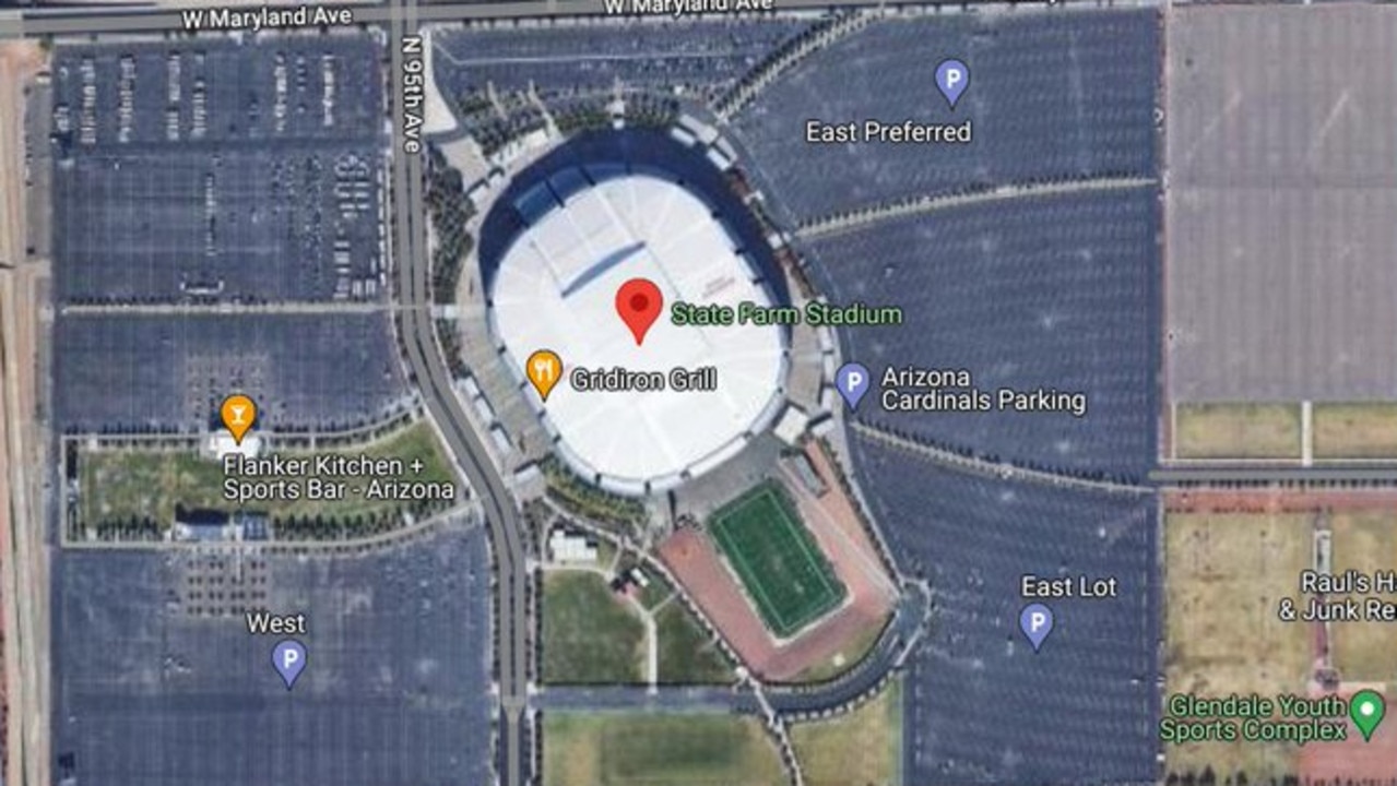 Arizona’s State Farm Stadium, a pimple amidst a giant parking lot.