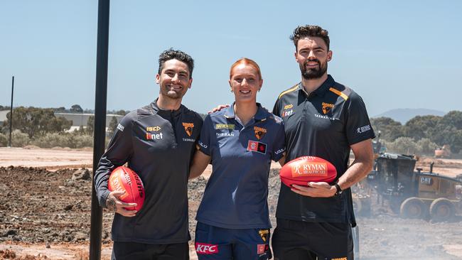 Hawthorn players Chad Wingard, Mackenzie Eardley, Conor Nash at the Dingley site.