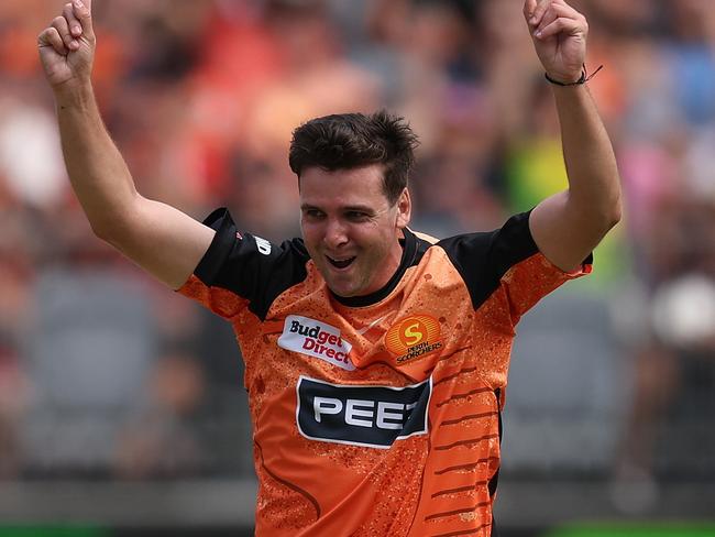 PERTH, AUSTRALIA - DECEMBER 15: Jhye Richardson of the Scorchers celebrates the wicket of Sam Harper of the Heat during the BBL match between Perth Scorchers and Melbourne Stars at Optus Stadium, on December 15, 2024, in Perth, Australia. (Photo by Paul Kane/Getty Images)