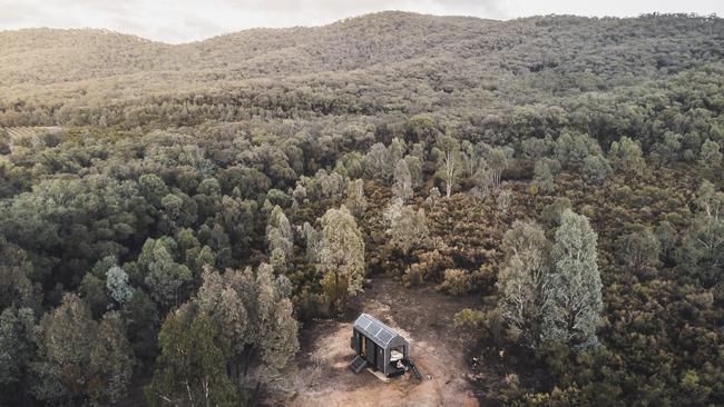 Unyoked's cabins have adventure level ratings, based on how much walking is required to reach them. 'Neada' in Victoria's Pyrenees Mountains is rated 'spicy', as guests must trek 800m from parking spot to cabin. Picture: Steve Liew for Unyoked.