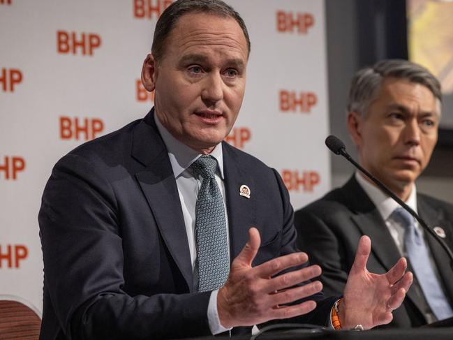 ADELAIDE, AUSTRALIA - NewsWIRE Photos NOVEMBER 1, 2023: Press Conference after the BHP AGM with Chairman Ken McKenzie and CEO Mike Henry at the Adelaide Convention Centre, SA. Picture: NCA NewsWIRE / Emma Brasier