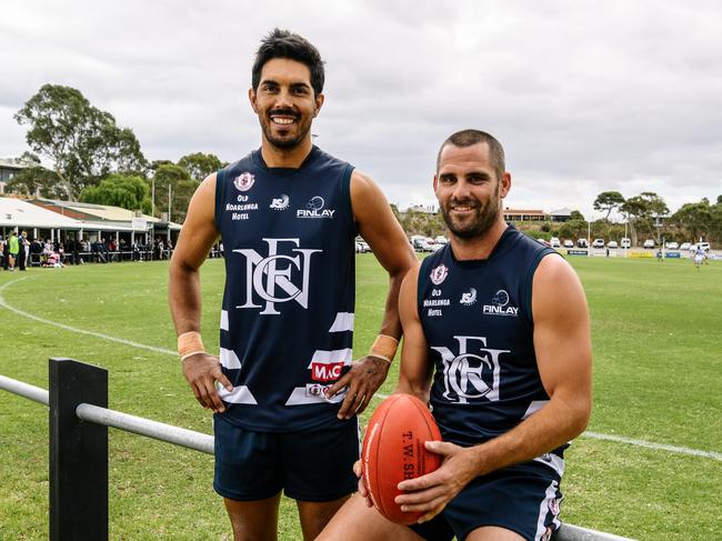 Ex-Glenelg player Terry Milera and former South Adelaide captain Josh Thewlis have joined Noarlunga for this season and are two of the SFL's highest-profile recruits on Saturday, March 30, 2019. (AAP Image/ Morgan Sette)