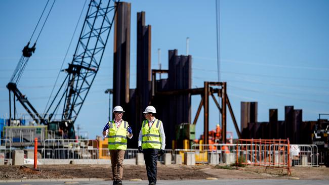 Finance Minister Simon Birmingham with Naval Group global chief executive Pierre Eric Pommellet at the Osborne shipyard. Picture: Mike Burton