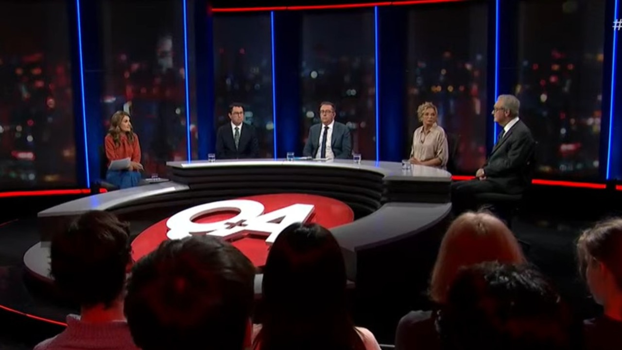 The panel on Monday night’s Q+A program, without Lidia Thorpe who withdrew over security concerns. Picture: ABC